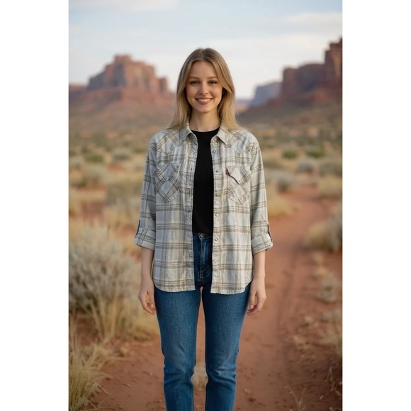 Levi's Flannel Shirt Women's Size Small Oversized Pearl Snap Western Plaid - Picture 1 of 6